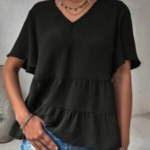 Casual V-Neck Ruffle Hem Shirt Ruffle Short Top